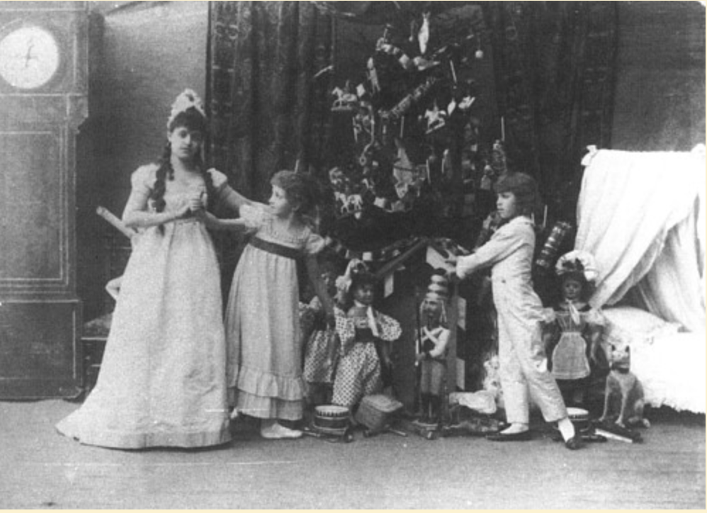 Lydia Rubtsova as Marianna, Stanislava Belinskaya as Clara and Vassily Stukolkin as Fritz, in the original production of The Nutcracker, Imperial Mariinsky Theatre, Saint Petersburg, 1892